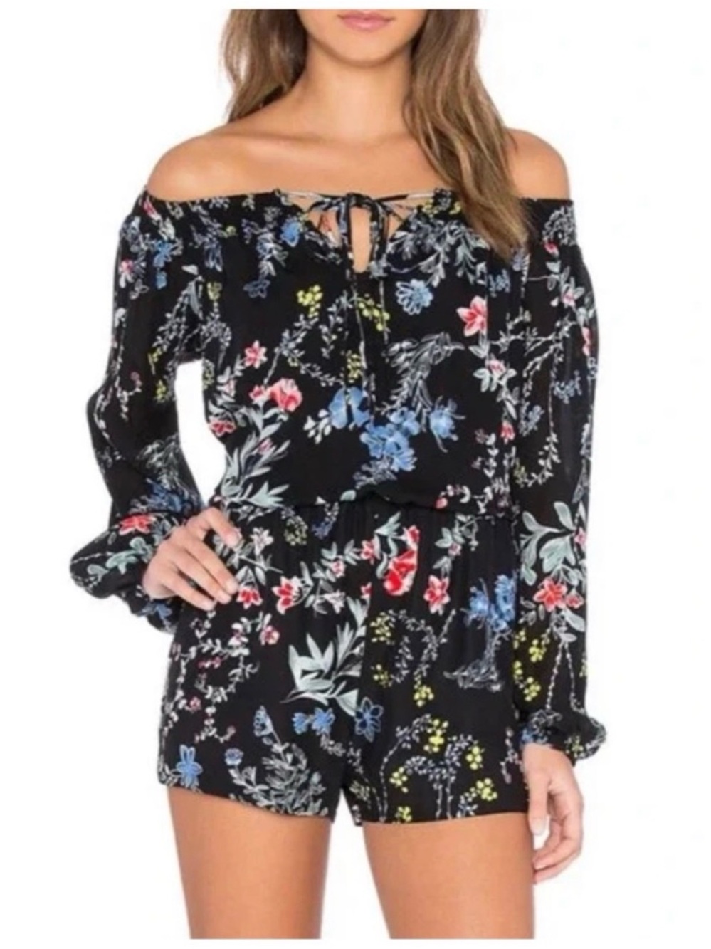 Parker silk cloud Off-Shoulder Black Floral Romper